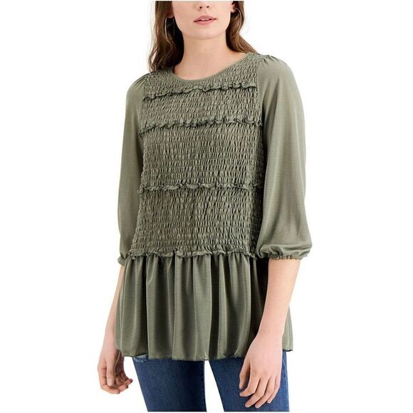 Fever Printed Ruffled Ruched Top Vetiver S - Picture 1 of 2